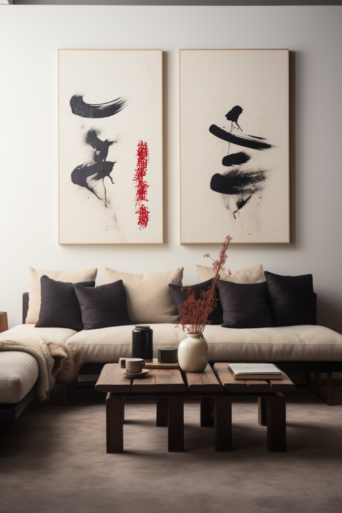 Large Chinese calligraphy as Wall Art in a living room.
