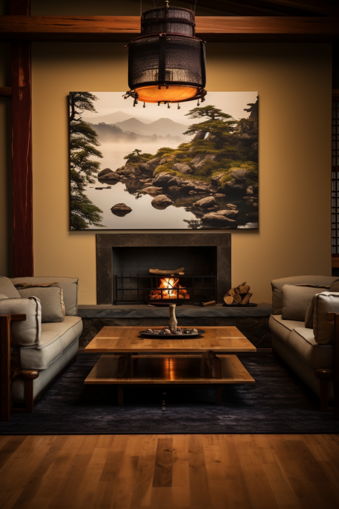 A serene living room with Japanese wall art, couches, and a fireplace.