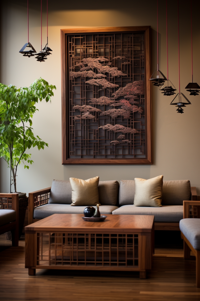 A large living room with Japanese-inspired wall art, couches, and a coffee table.