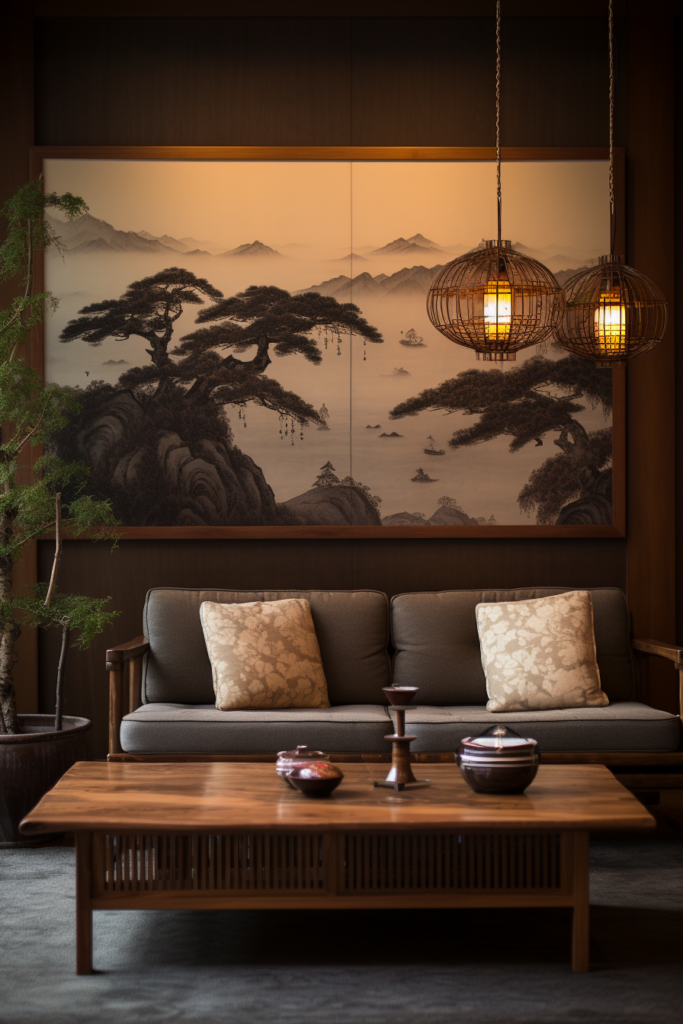 A living room with a large Japanese painting on the wall.