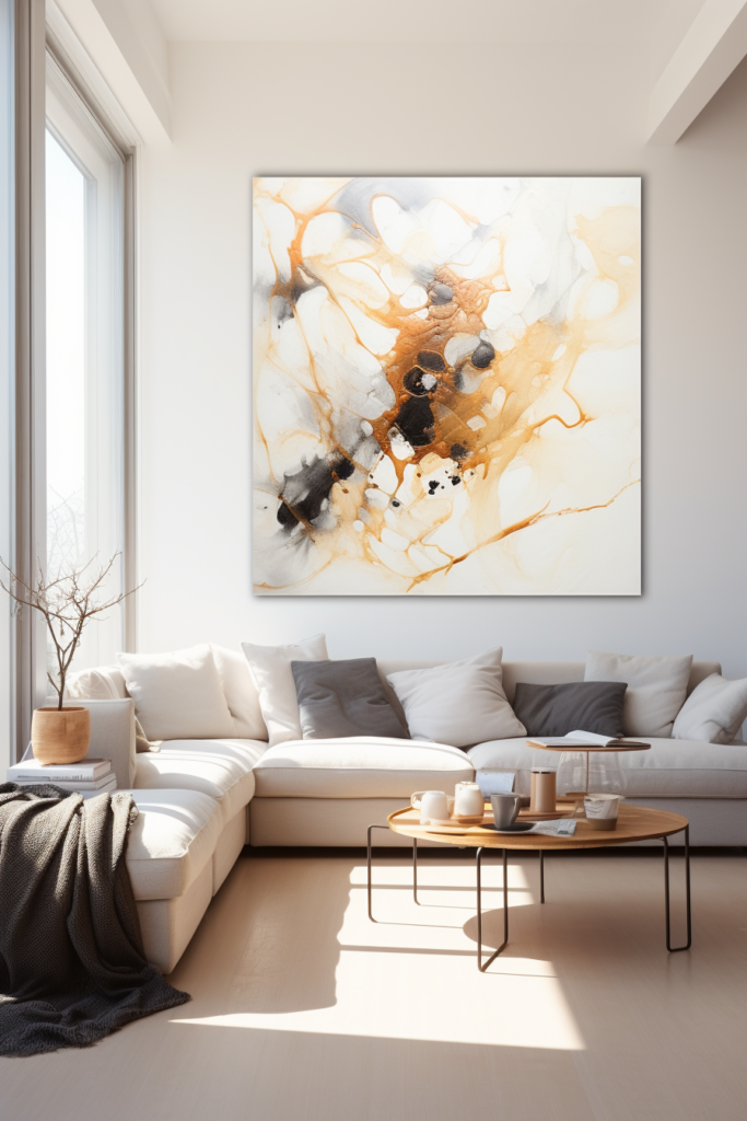 A large, Japanese abstract painting hangs above a couch in a living room.