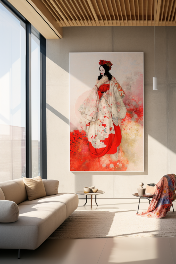 A large Japanese wall art of a woman in a red dress hanging in a living room.