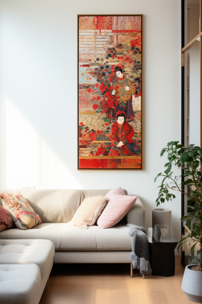 A serene living room with a Japanese-inspired painting hanging above a comfortable couch.