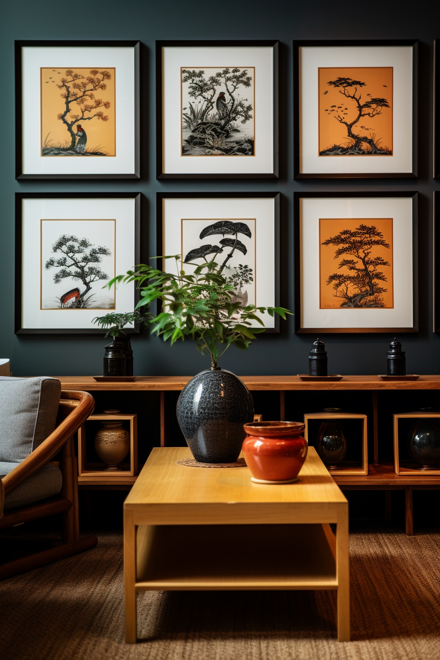 A serene living room adorned with Japanese wall art.