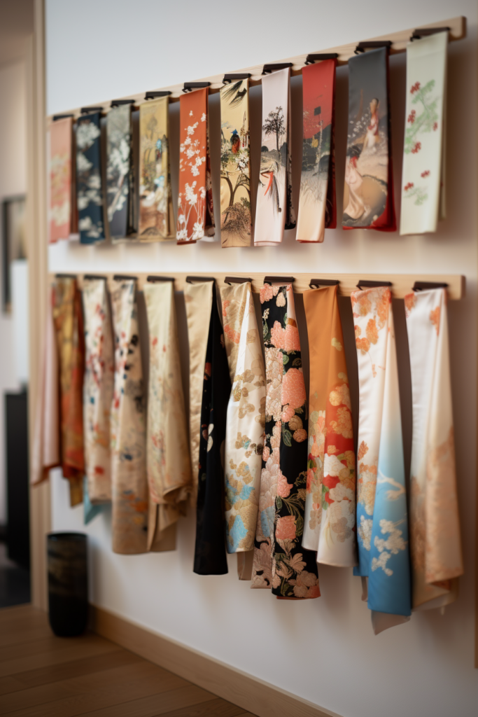 Japanese kimono hanging on a large wall.