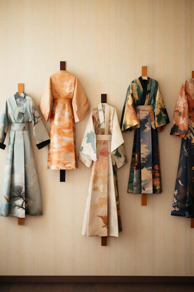 A large Japanese wall art featuring a group of kimono.