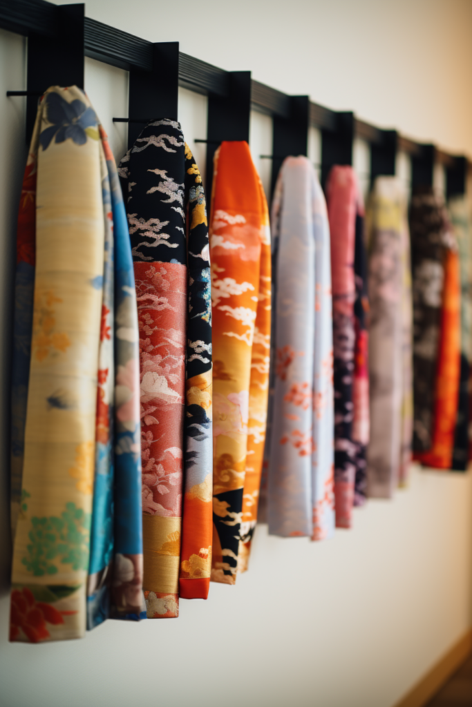 A serene row of colorful Japanese kimonos displayed as wall art.