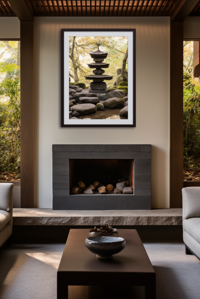 A serene living room with Japanese-inspired wall art and cozy couches surrounding a fireplace.