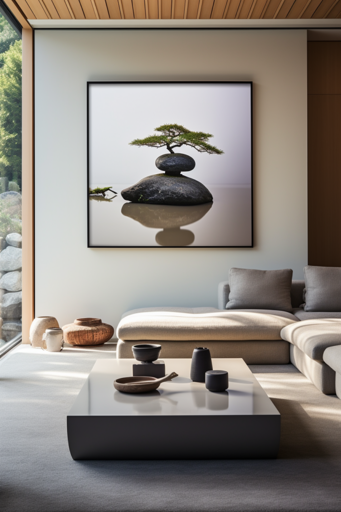 A Japanese-inspired living room featuring a serene wall art of a zen tree.