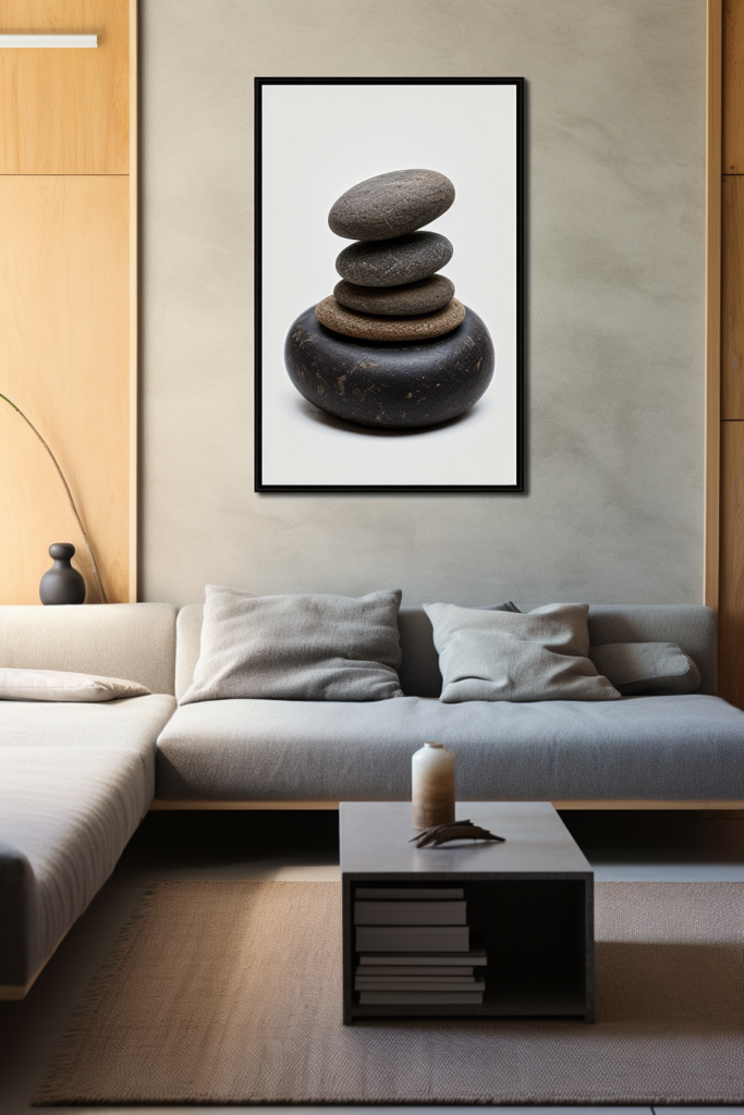 A large stack of Japanese stones as wall art in a living room.