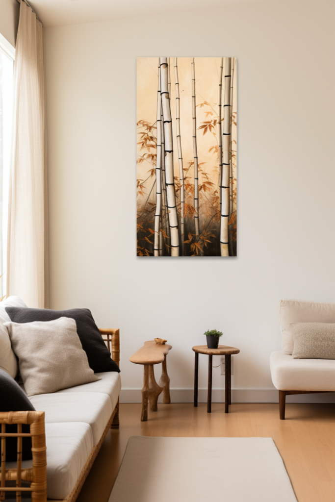 A large Japanese wall art featuring bamboo trees in a room.