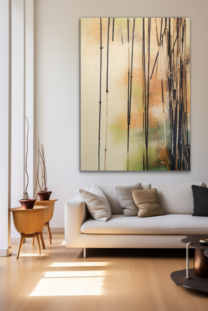 A large Japanese wall art enhances the serene interior space of a living room, hanging above a couch.