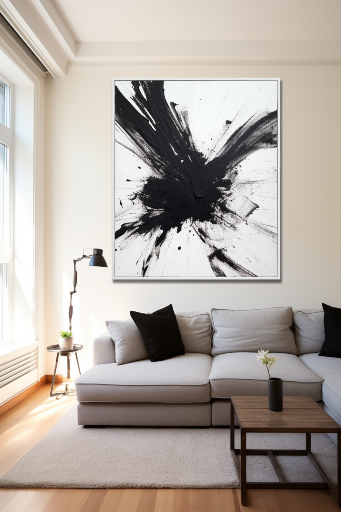 A large, black and white Japanese wall art painting hangs above a couch in a living room.