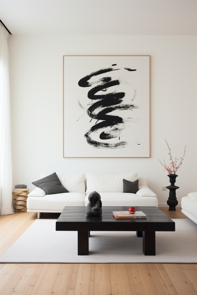 A large Japanese wall art in a white living room.