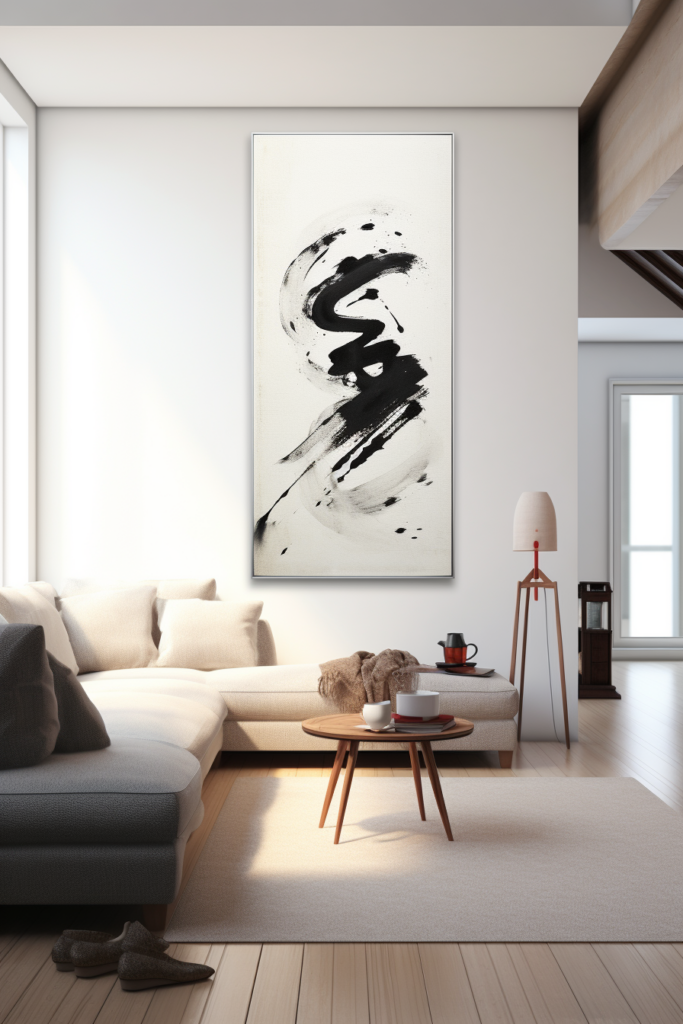 A Japanese painting hangs above a couch in a living room.