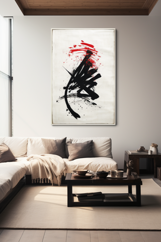 A serene living room with a Japanese-inspired black and white wall art.