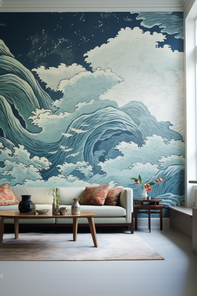 A serene living room with a Japanese-inspired wall mural of clouds and waves.