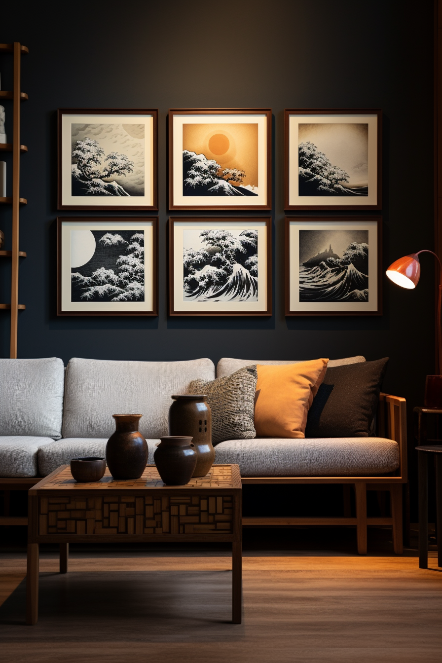 A Japanese-inspired living room with a large couch and a coffee table adorned with wall art.