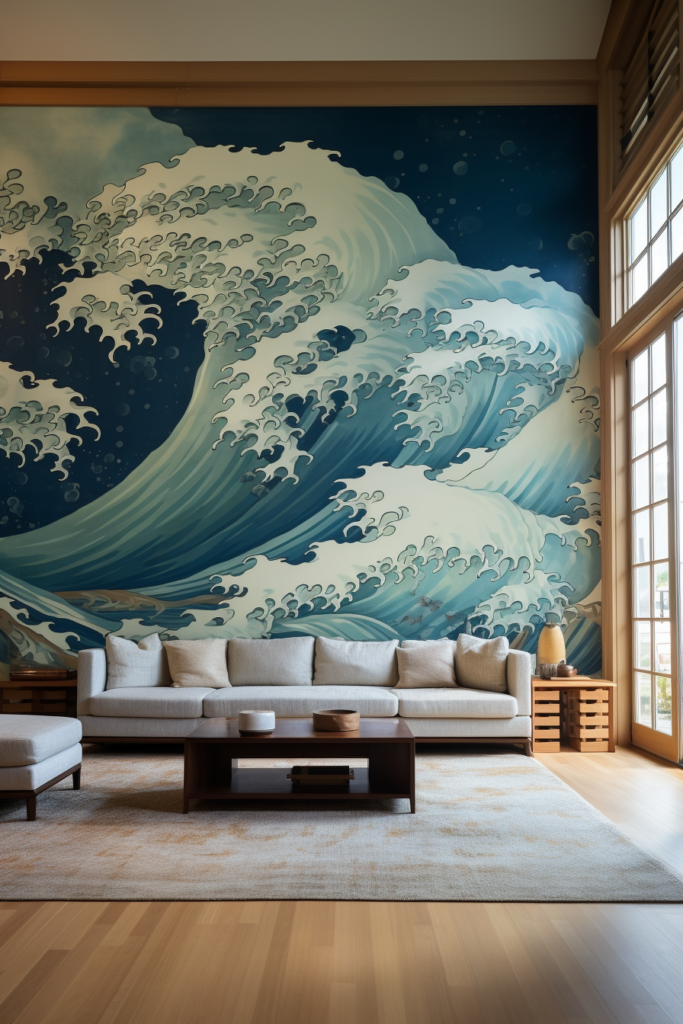 A large Japanese wall art featuring The Great Wave mural in a living room.