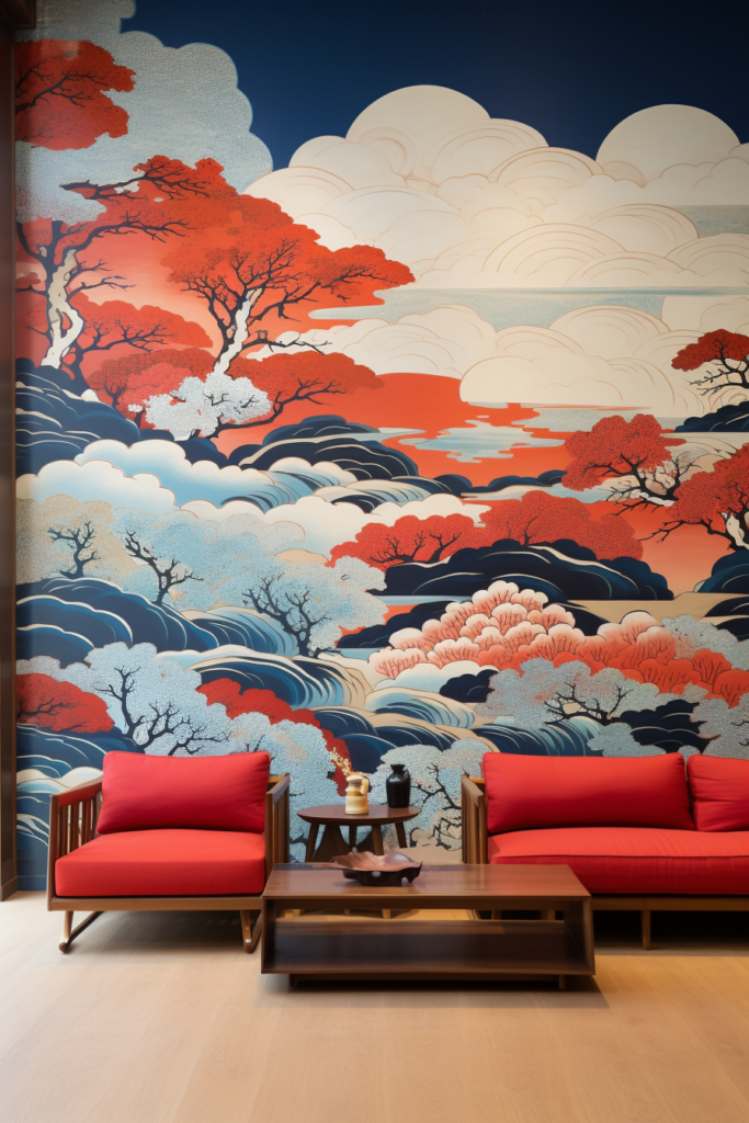 A living room with red couches and a wall mural featuring Japanese wall art.