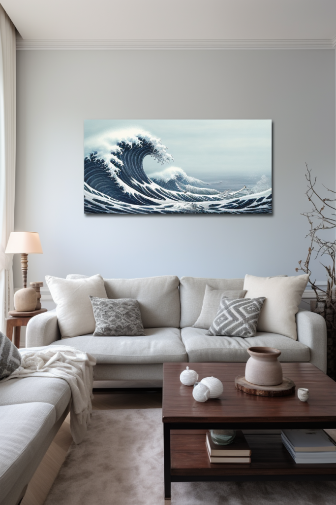 A large living room with a great wave painting on the Japanese wall art.