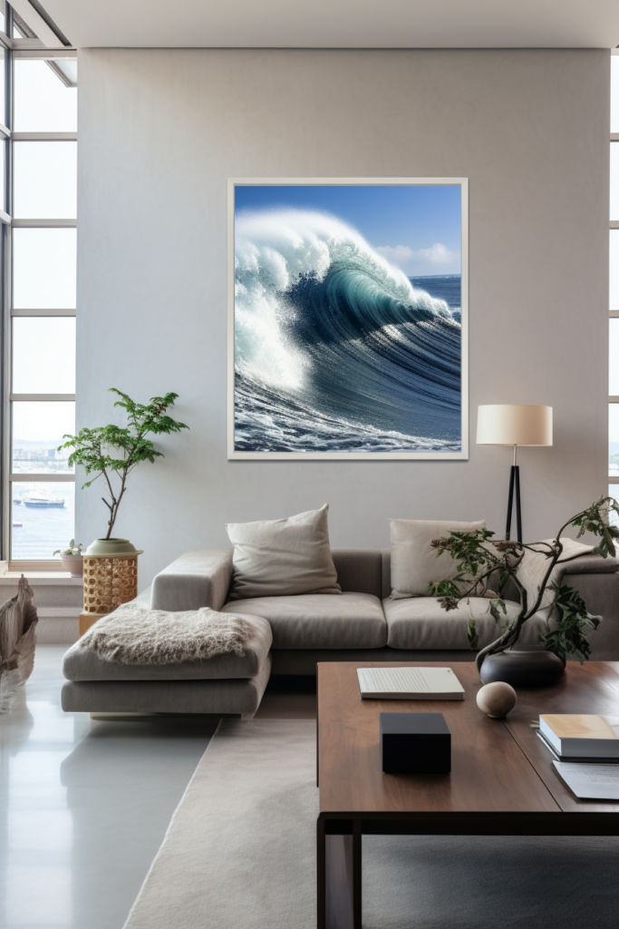 A serene Japanese living room with a large picture of a wave crashing as wall art.