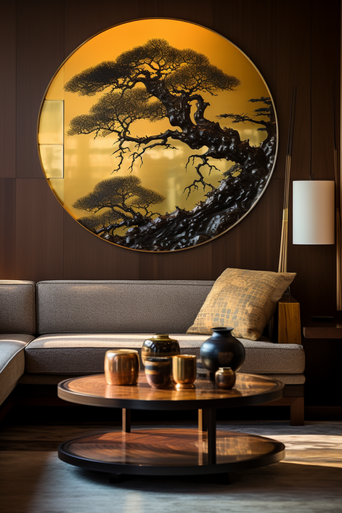 A large round mirror, serving as wall art in a living room.