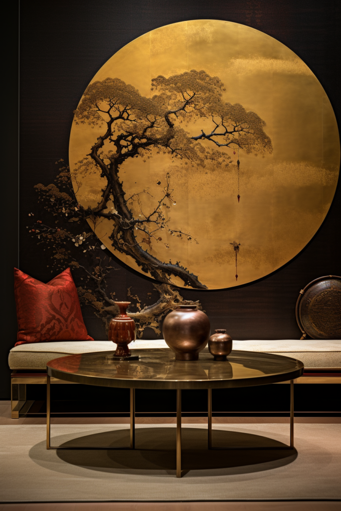 A Japanese-inspired living room with a large painting of a tree on the wall.