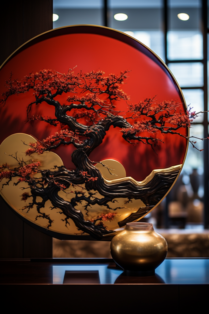 A Japanese red tree on a table in front of an interior window.