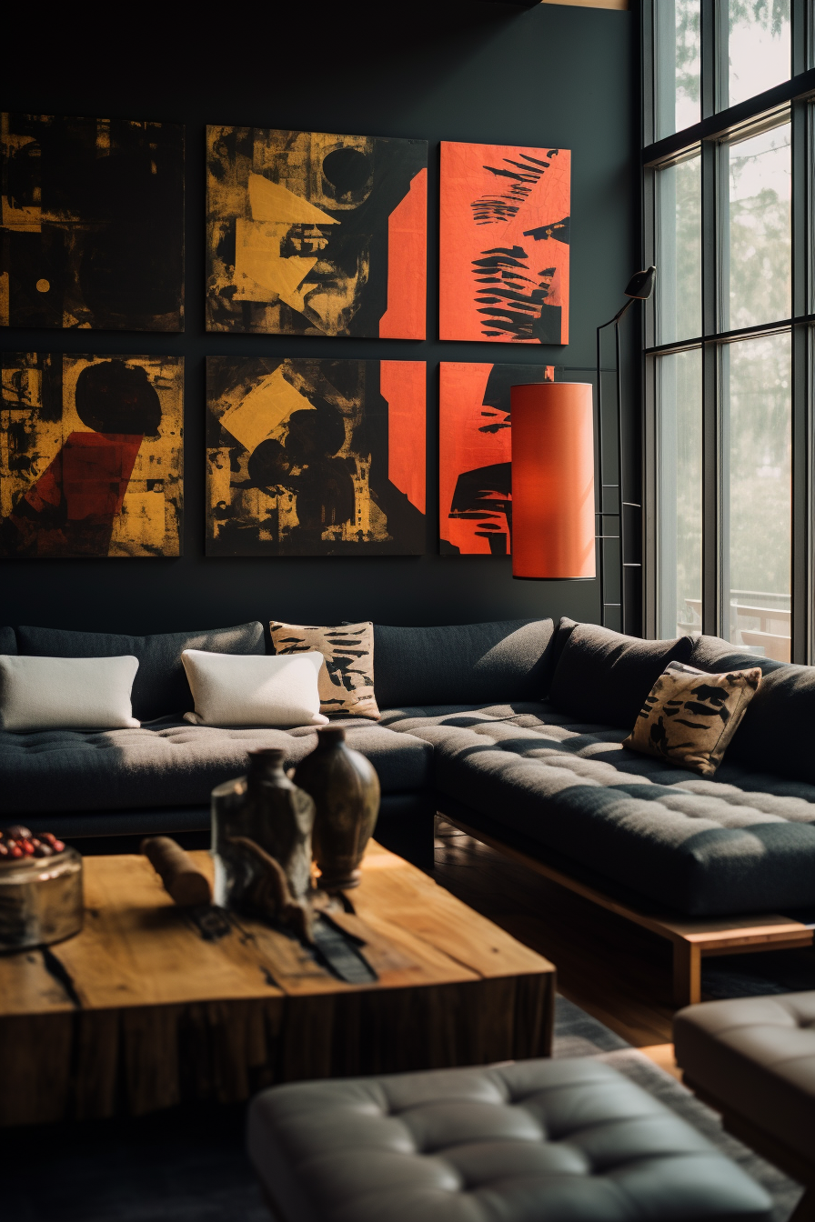 A serene living room with a black couch and Japanese wall art.