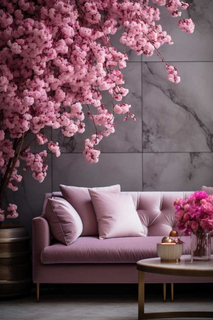 A large pink couch in a living room with Japanese cherry blossoms.
