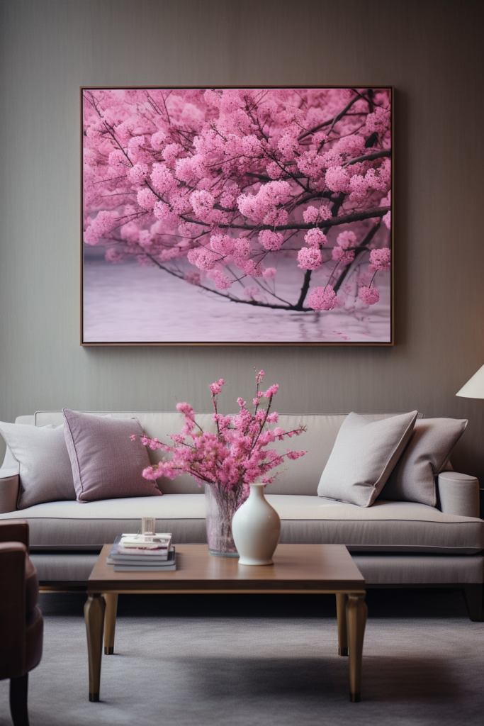 A serene living room with Japanese wall art adorned with pink cherry blossoms.