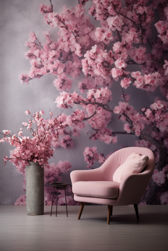 A Japanese-inspired interior space with a pink chair next to a vase of pink flowers.