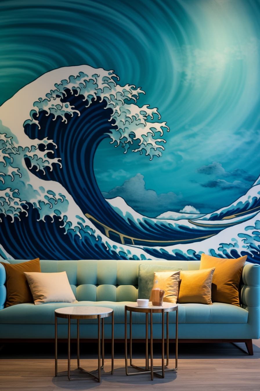 A stunning Japanese mural of the great wave, serving as exquisite wall art in the interior space of a living room.