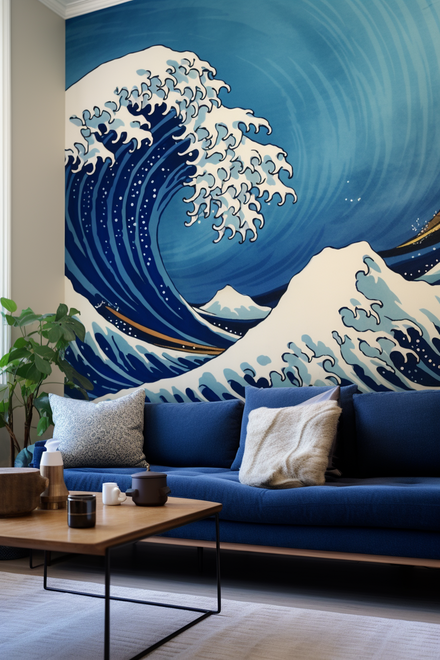A serene living room with a Japanese mural of the great wave.