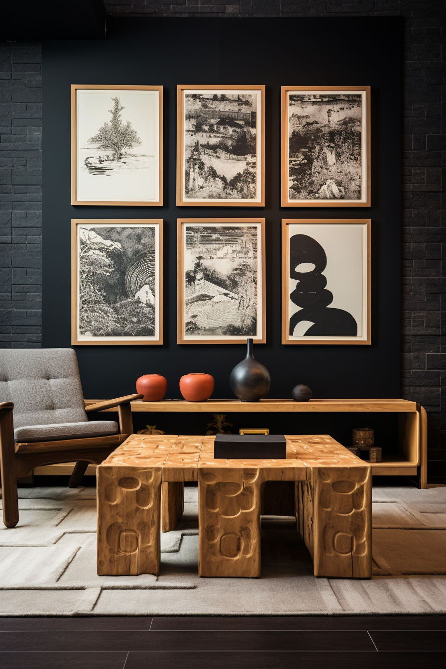 A Japanese-inspired living room with large wall art and a wooden table.