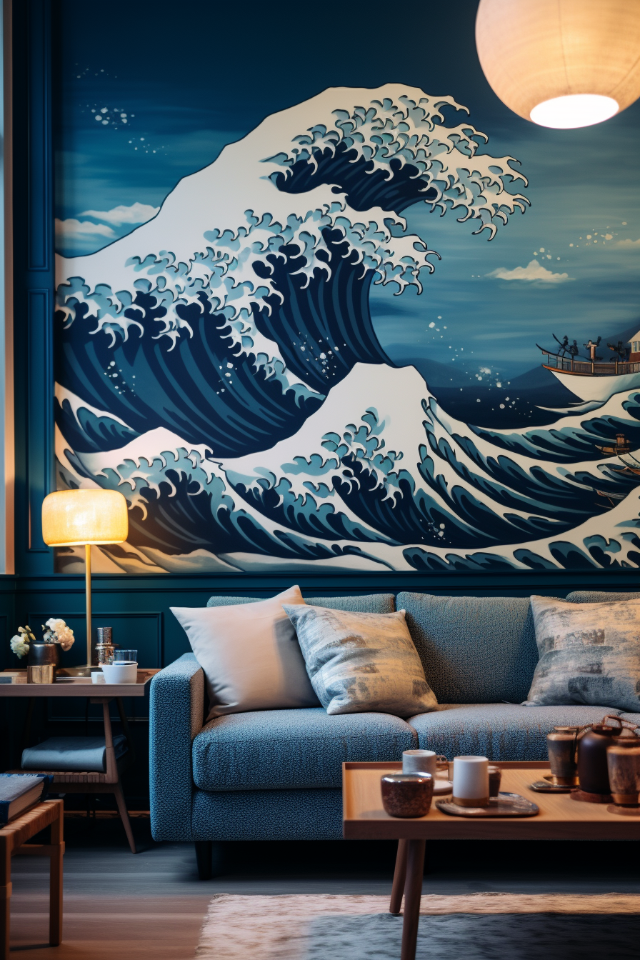 A Japanese-inspired living room with a large mural of the great wave, creating a serene interior space.