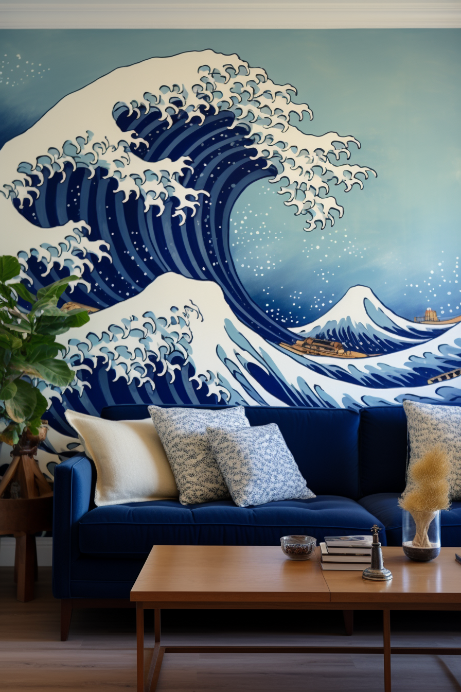 Japanese wall art transforms a living room into a serene interior space with the great wave wall mural.