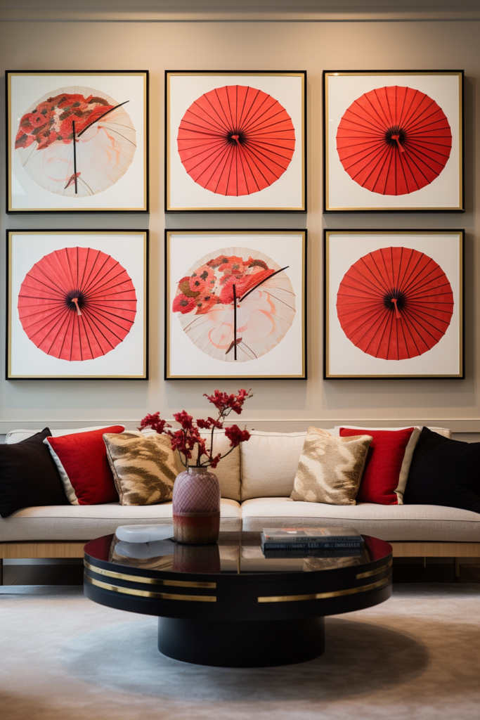 A living room with large red umbrellas as Japanese wall art.