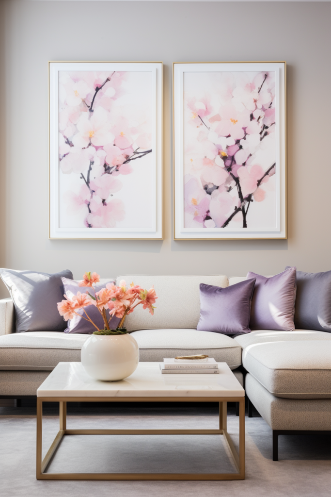 A serene living room with two Japanese wall art paintings.