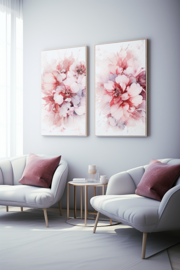A serene living room adorned with two Japanese wall art paintings.