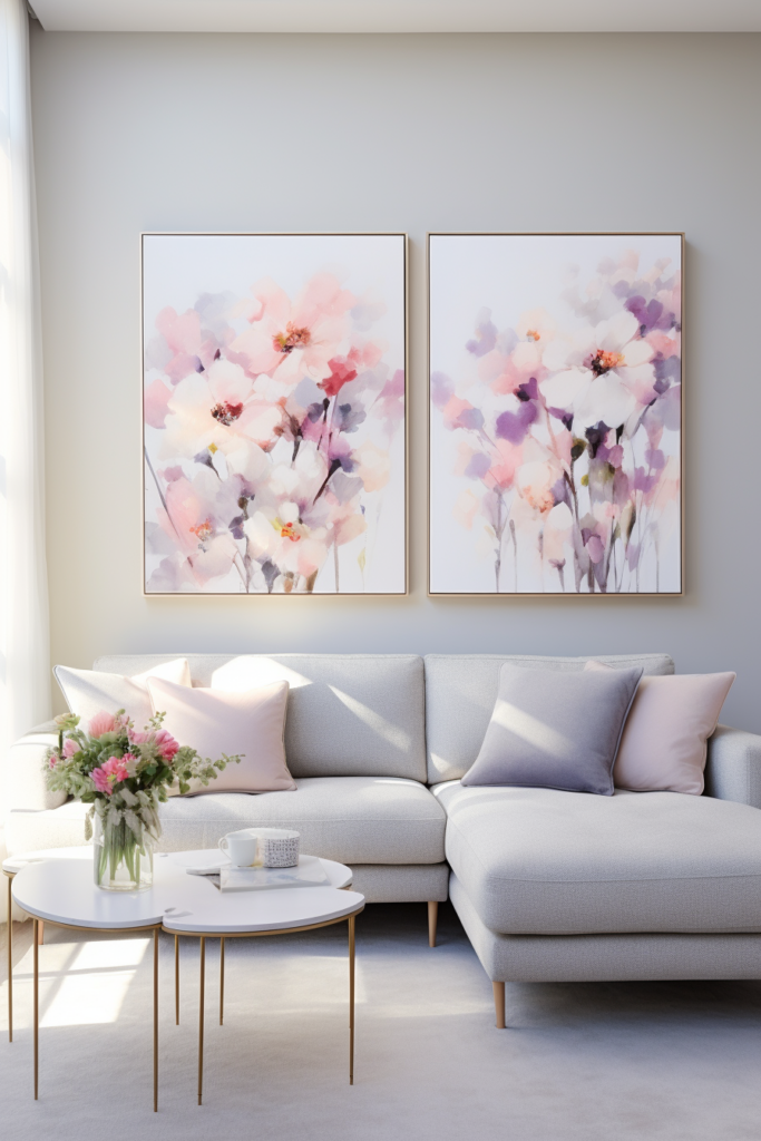 A living room with two Japanese paintings on the wall, creating a serene interior space adorned with wall art.