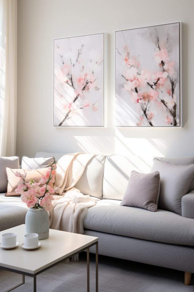 A living room with two serene Japanese wall art pieces.