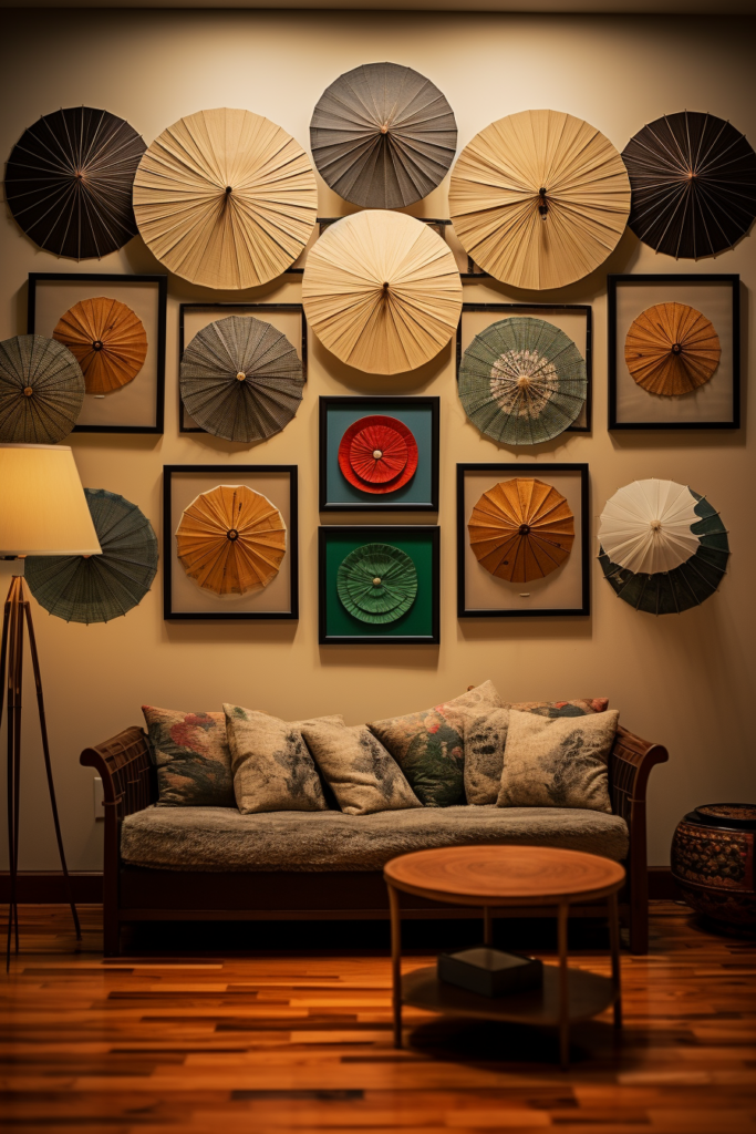 A serene living room with Japanese-inspired wall art featuring umbrellas.