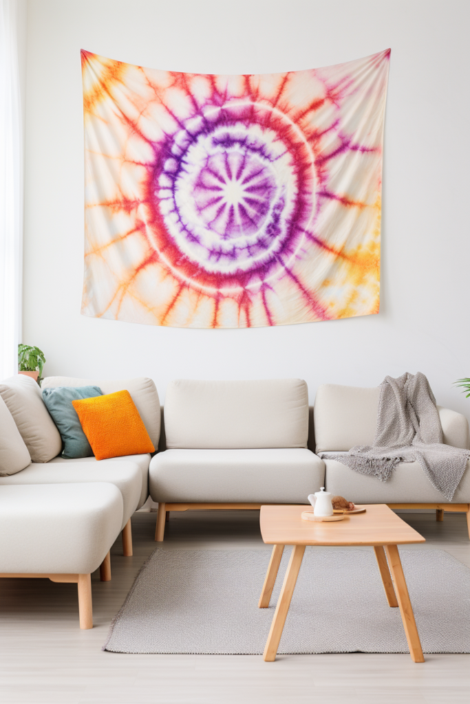 A vibrant tie dye tapestry adorning the walls of a serene living room, inspired by Japanese aesthetics and serving as contemporary wall art.
