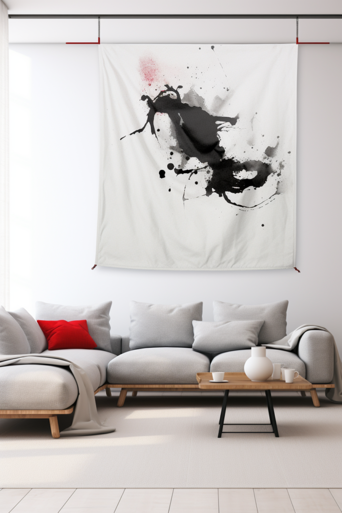 A serene living room with a large black and white Japanese wall art.