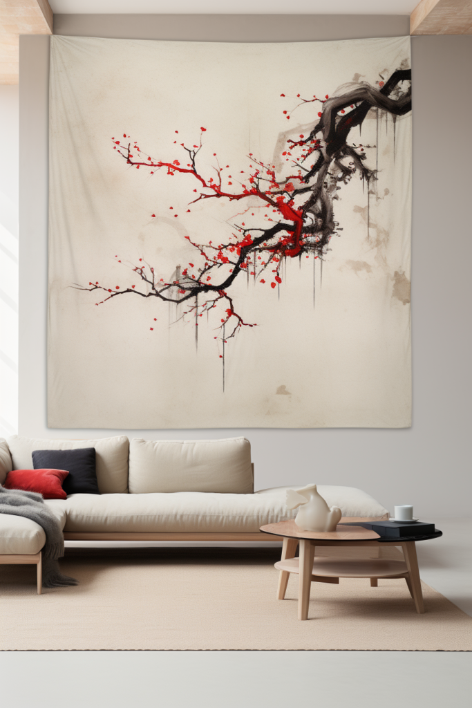 A serene Japanese living room with a tapestry of a cherry tree as wall art.