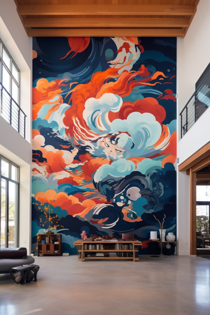A living room with a large and colorful mural on the wall.