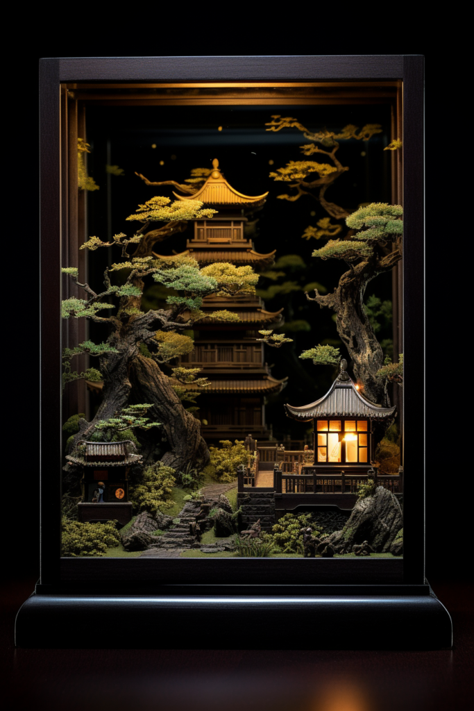 A serene interior space showcasing a miniature Japanese pagoda in a glass box.