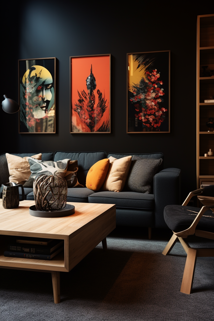 A serene living room with black walls and a Japanese-inspired coffee table.